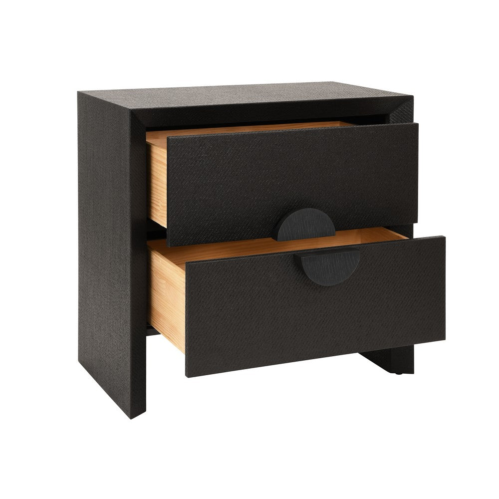 Worlds Away - Two Drawer Side Table In Black Painted Grasscloth With Black Oak Handles - EZRA BLK view 3