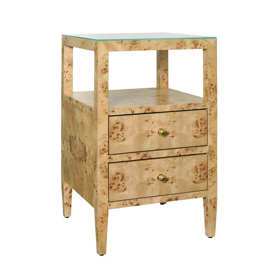 Worlds Away - Two Drawer Side Table In Burl Wood With Polished Brass Knobs - ROSCOE BW view 1