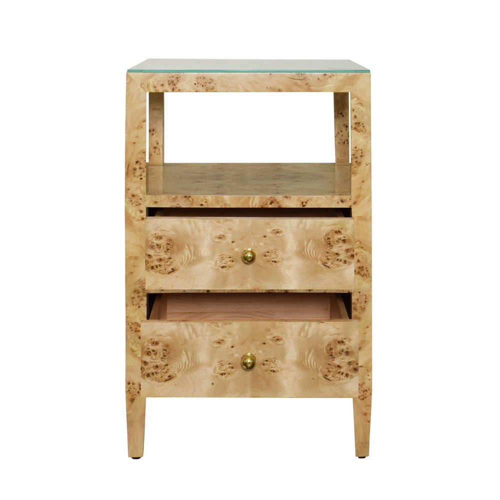 Worlds Away - Two Drawer Side Table In Burl Wood With Polished Brass Knobs - ROSCOE BW view 3