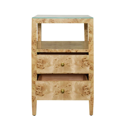 Worlds Away - Two Drawer Side Table In Burl Wood With Polished Brass Knobs - ROSCOE BW view 3