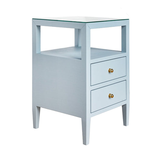Worlds Away - Two Drawer Side Table In Textured Light Blue Linen With Polished Brass Knobs - ROSCOE LB view 1