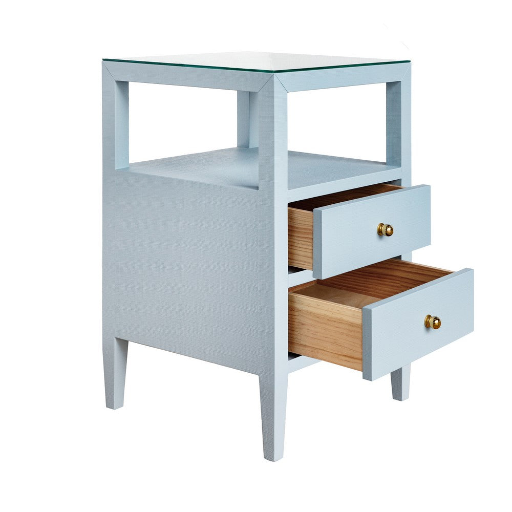 Worlds Away - Two Drawer Side Table In Textured Light Blue Linen With Polished Brass Knobs - ROSCOE LB view 3