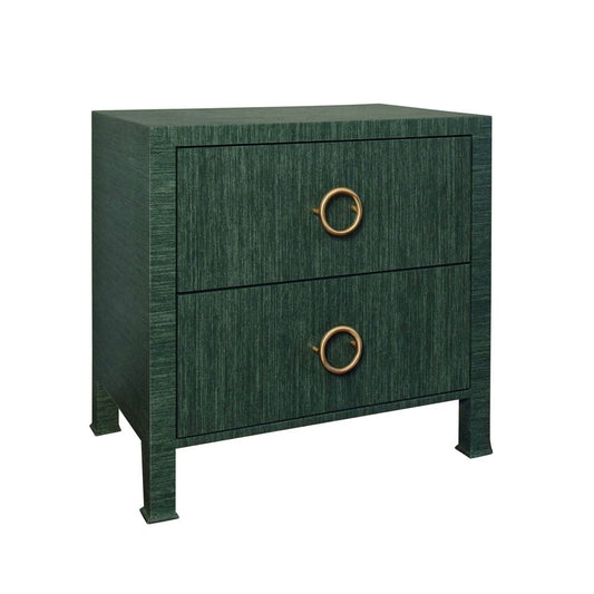 Worlds Away - Two Drawer Side Table With Antique Brass Circle Hardware In Dyed Green Grasscloth - EDELMAN GR view 1