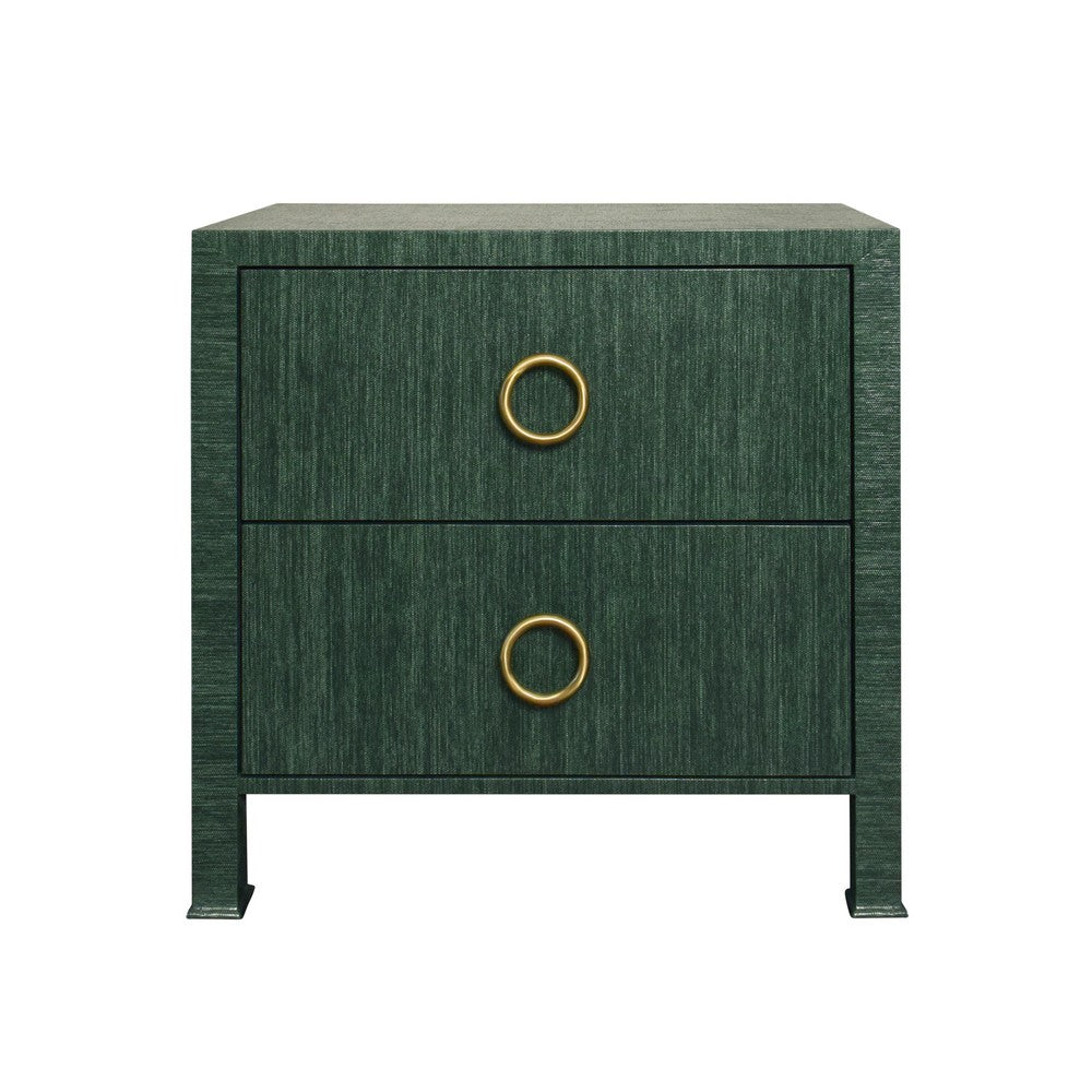 Worlds Away - Two Drawer Side Table With Antique Brass Circle Hardware In Dyed Green Grasscloth - EDELMAN GR view 2