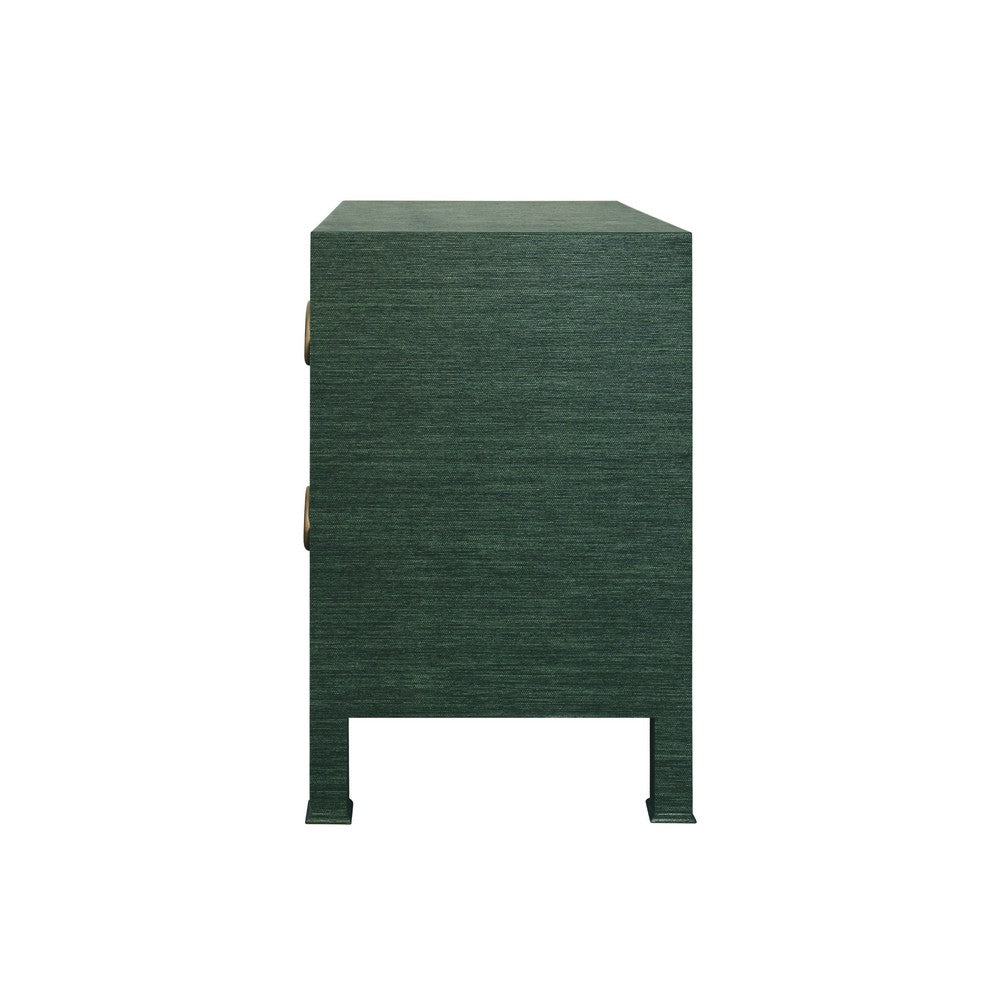 Worlds Away - Two Drawer Side Table With Antique Brass Circle Hardware In Dyed Green Grasscloth - EDELMAN GR view 4