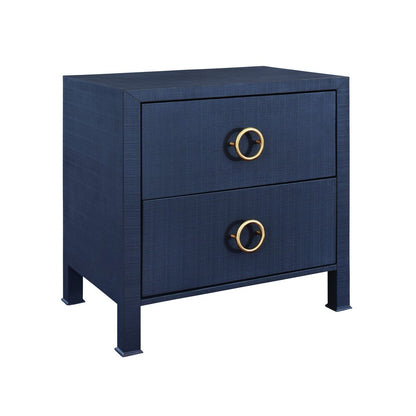 Worlds Away - Two Drawer Side Table With Antique Brass Circle Hardware In Textured Navy Linen - EDELMAN NVY view 1