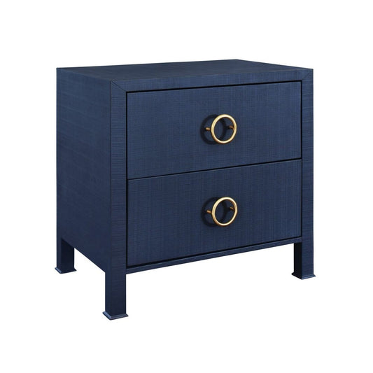 Worlds Away - Two Drawer Side Table With Antique Brass Circle Hardware In Textured Navy Linen - EDELMAN NVY view 1