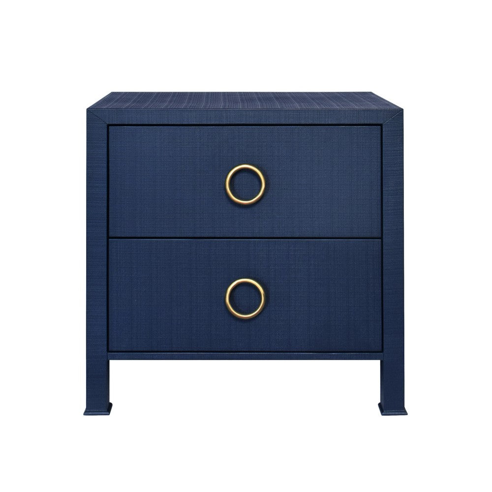 Worlds Away - Two Drawer Side Table With Antique Brass Circle Hardware In Textured Navy Linen - EDELMAN NVY view 2