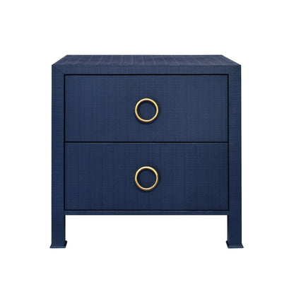 Worlds Away - Two Drawer Side Table With Antique Brass Circle Hardware In Textured Navy Linen - EDELMAN NVY view 2