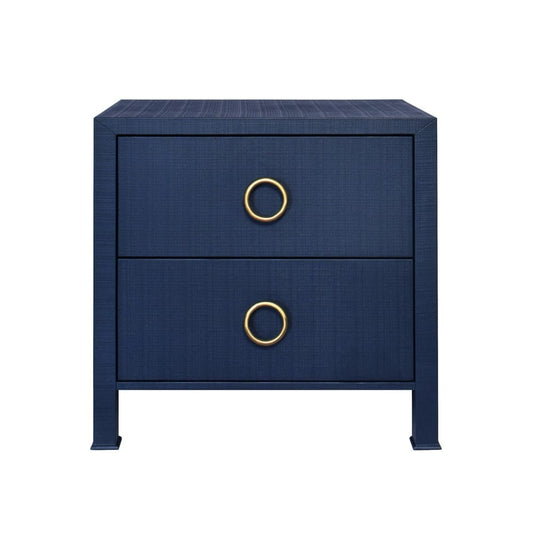 Worlds Away - Two Drawer Side Table With Antique Brass Circle Hardware In Textured Navy Linen - EDELMAN NVY view 2