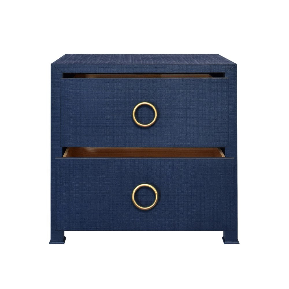 Worlds Away - Two Drawer Side Table With Antique Brass Circle Hardware In Textured Navy Linen - EDELMAN NVY view 3