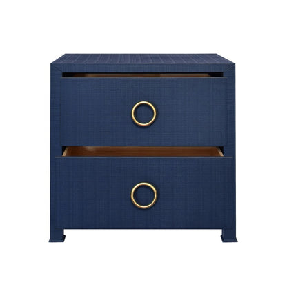 Worlds Away - Two Drawer Side Table With Antique Brass Circle Hardware In Textured Navy Linen - EDELMAN NVY view 3