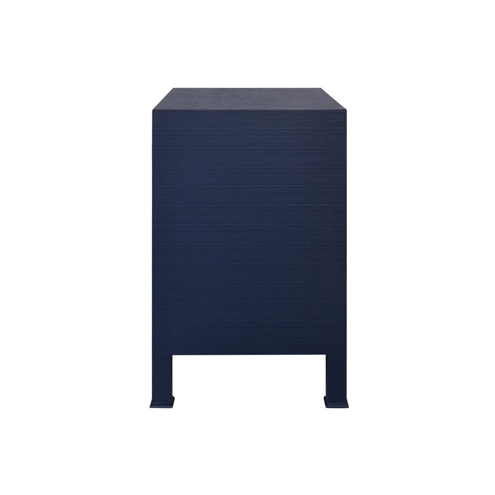 Worlds Away - Two Drawer Side Table With Antique Brass Circle Hardware In Textured Navy Linen - EDELMAN NVY view 4