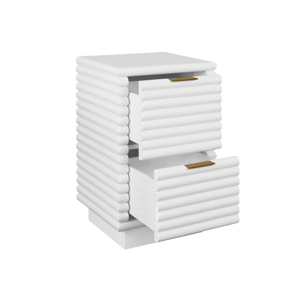 Worlds Away - Two Drawer Side Table With Antique Brass Hardware And Large Horizontal Reeds In White Lacquer - NAYLA WH view 3