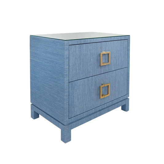 Worlds Away - Two Drawer Side Table With Large Satin Brass Square Hardware In Blue Dyed Grasscloth With Glass Top - COLE BL view 1