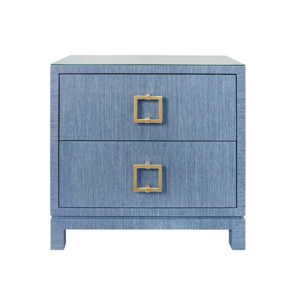 Worlds Away - Two Drawer Side Table With Large Satin Brass Square Hardware In Blue Dyed Grasscloth With Glass Top - COLE BL view 2