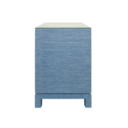 Worlds Away - Two Drawer Side Table With Large Satin Brass Square Hardware In Blue Dyed Grasscloth With Glass Top - COLE BL view 3