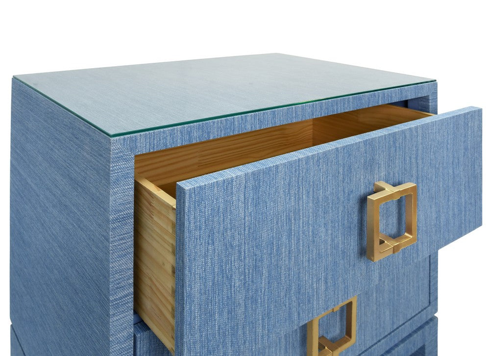 Worlds Away - Two Drawer Side Table With Large Satin Brass Square Hardware In Blue Dyed Grasscloth With Glass Top - COLE BL view 4