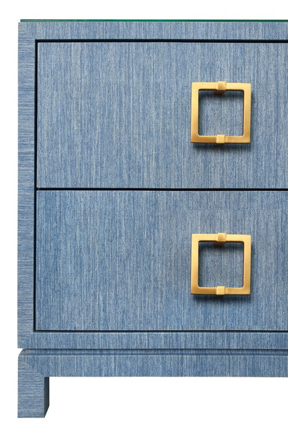 Worlds Away - Two Drawer Side Table With Large Satin Brass Square Hardware In Blue Dyed Grasscloth With Glass Top - COLE BL view 5