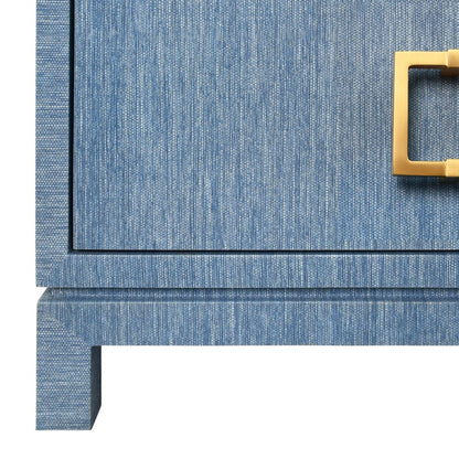 Worlds Away - Two Drawer Side Table With Large Satin Brass Square Hardware In Blue Dyed Grasscloth With Glass Top - COLE BL view 6