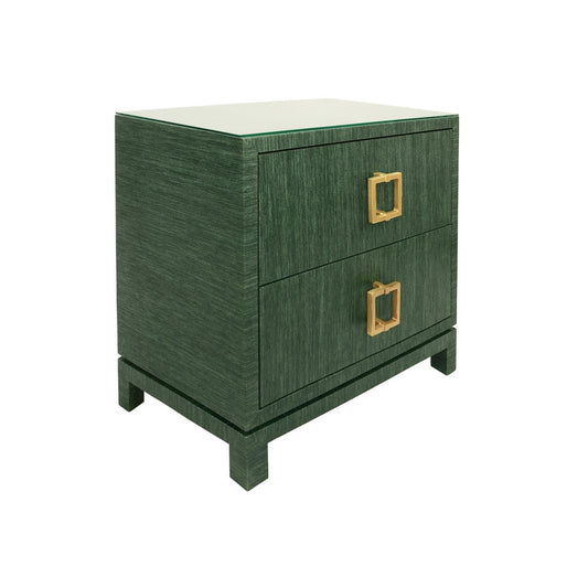 Worlds Away - Two Drawer Side Table With Large Satin Brass Square Hardware In Green Dyed Grasscloth With Glass Top - COLE GR view 1