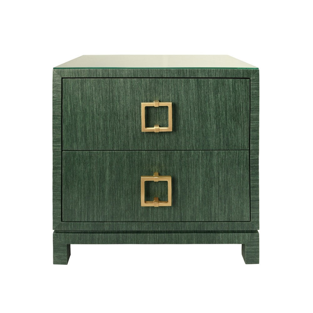 Worlds Away - Two Drawer Side Table With Large Satin Brass Square Hardware In Green Dyed Grasscloth With Glass Top - COLE GR view 2