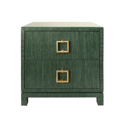 Worlds Away - Two Drawer Side Table With Large Satin Brass Square Hardware In Green Dyed Grasscloth With Glass Top - COLE GR view 2