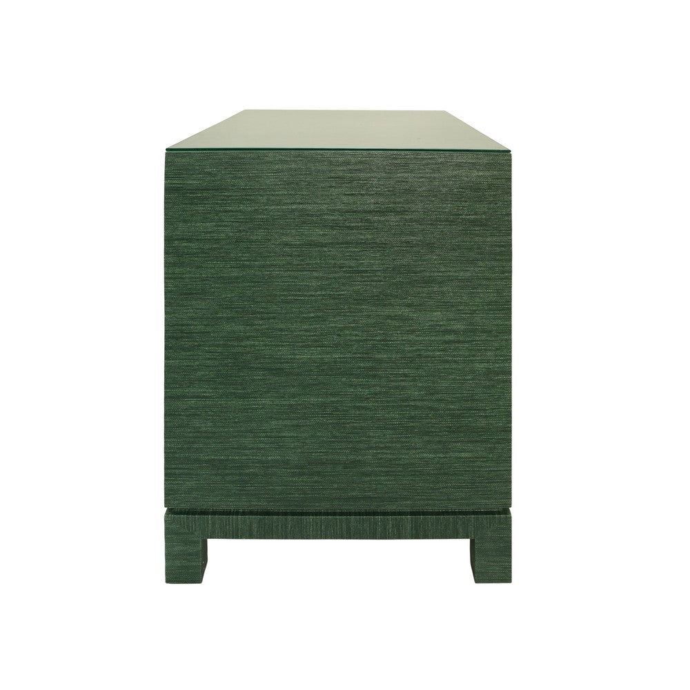 Worlds Away - Two Drawer Side Table With Large Satin Brass Square Hardware In Green Dyed Grasscloth With Glass Top - COLE GR view 3