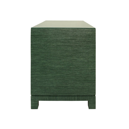 Worlds Away - Two Drawer Side Table With Large Satin Brass Square Hardware In Green Dyed Grasscloth With Glass Top - COLE GR view 3