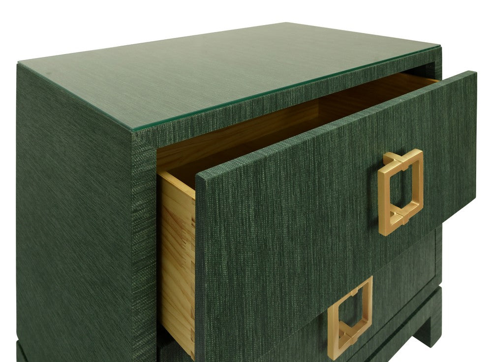 Worlds Away - Two Drawer Side Table With Large Satin Brass Square Hardware In Green Dyed Grasscloth With Glass Top - COLE GR view 4