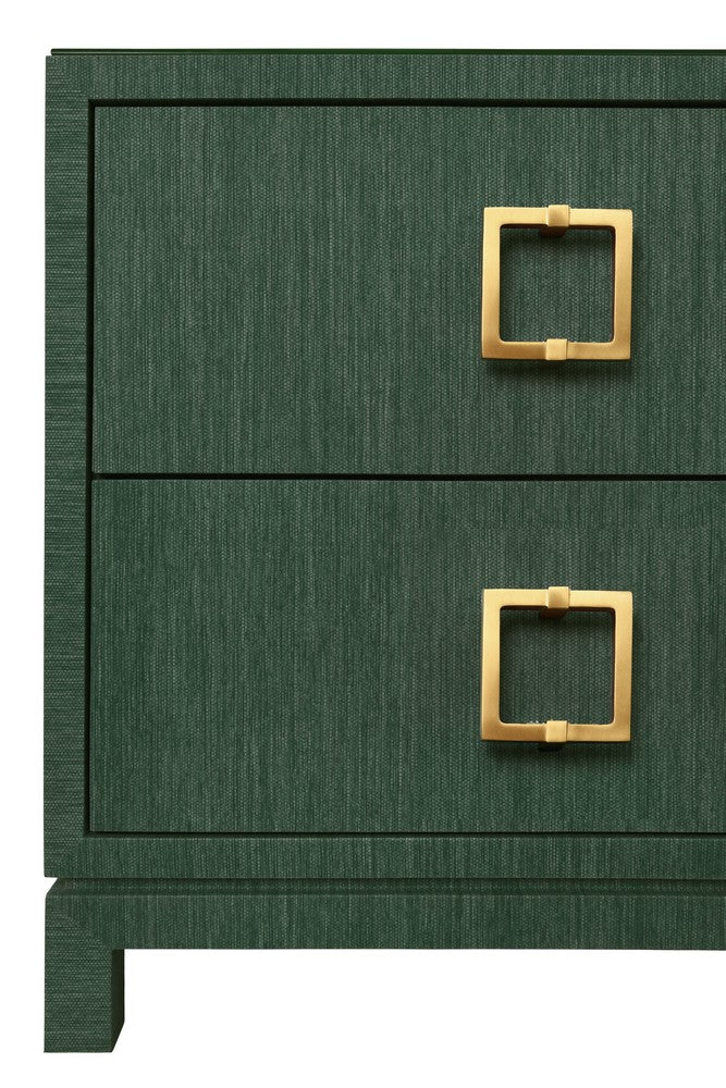Worlds Away - Two Drawer Side Table With Large Satin Brass Square Hardware In Green Dyed Grasscloth With Glass Top - COLE GR view 5