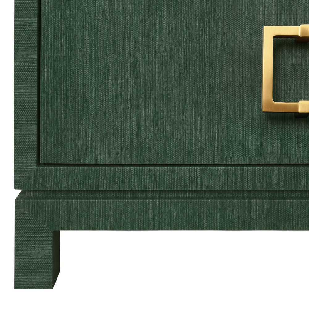 Worlds Away - Two Drawer Side Table With Large Satin Brass Square Hardware In Green Dyed Grasscloth With Glass Top - COLE GR view 6