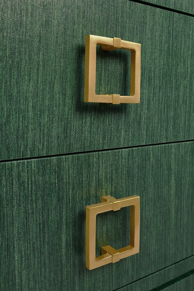 Worlds Away - Two Drawer Side Table With Large Satin Brass Square Hardware In Green Dyed Grasscloth With Glass Top - COLE GR view 7