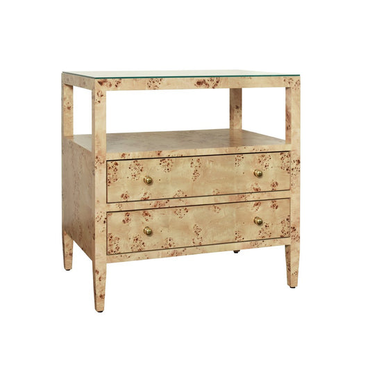 Worlds Away - Two Drawer Side Table With Open Top Shelf In Burl Wood With Polished Brass Knobs - DOUGLAS BW view 1