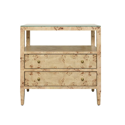 Worlds Away - Two Drawer Side Table With Open Top Shelf In Burl Wood With Polished Brass Knobs - DOUGLAS BW view 2