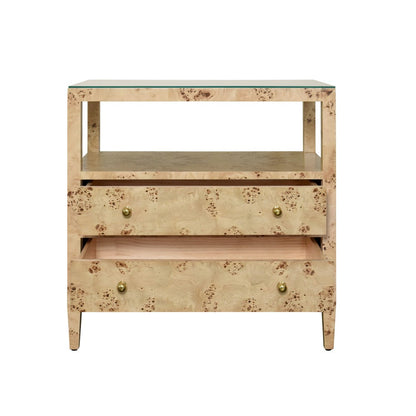 Worlds Away - Two Drawer Side Table With Open Top Shelf In Burl Wood With Polished Brass Knobs - DOUGLAS BW view 3