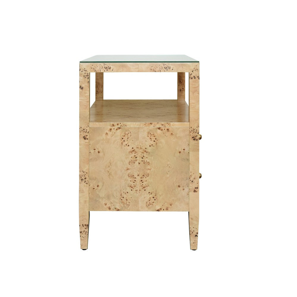 Worlds Away - Two Drawer Side Table With Open Top Shelf In Burl Wood With Polished Brass Knobs - DOUGLAS BW view 4