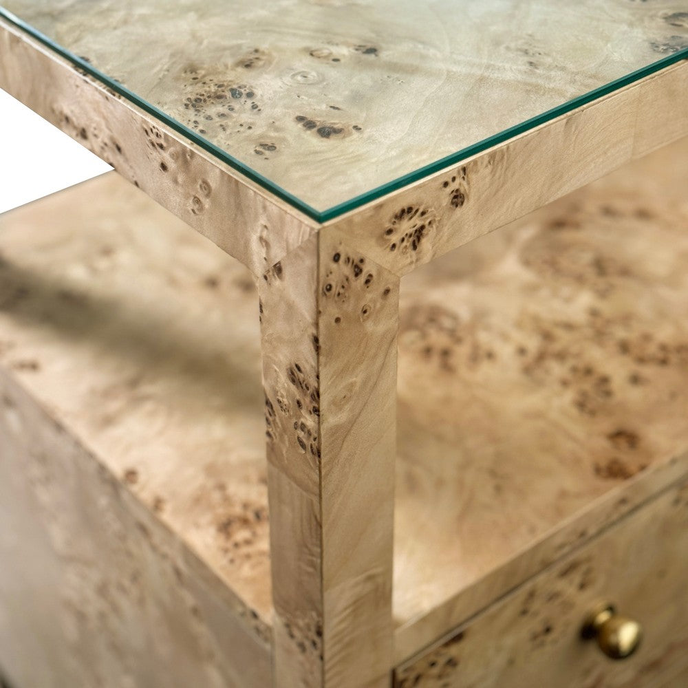 Worlds Away - Two Drawer Side Table With Open Top Shelf In Burl Wood With Polished Brass Knobs - DOUGLAS BW view 5