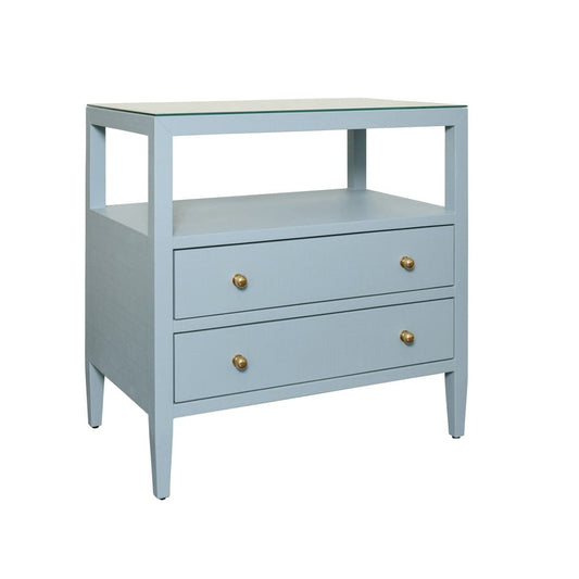Worlds Away - Two Drawer Side Table With Open Top Shelf In Textured Light Blue Linen With Polished Brass Knobs - DOUGLAS LB view 1