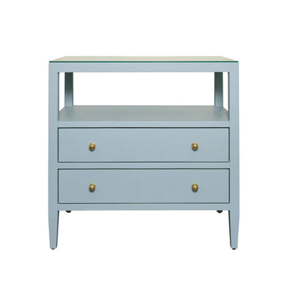 Worlds Away - Two Drawer Side Table With Open Top Shelf In Textured Light Blue Linen With Polished Brass Knobs - DOUGLAS LB view 2