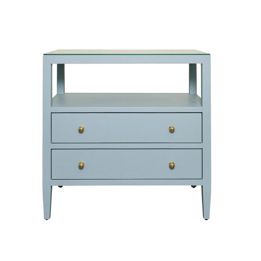 Worlds Away - Two Drawer Side Table With Open Top Shelf In Textured Light Blue Linen With Polished Brass Knobs - DOUGLAS LB view 2