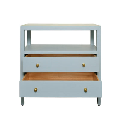 Worlds Away - Two Drawer Side Table With Open Top Shelf In Textured Light Blue Linen With Polished Brass Knobs - DOUGLAS LB view 3