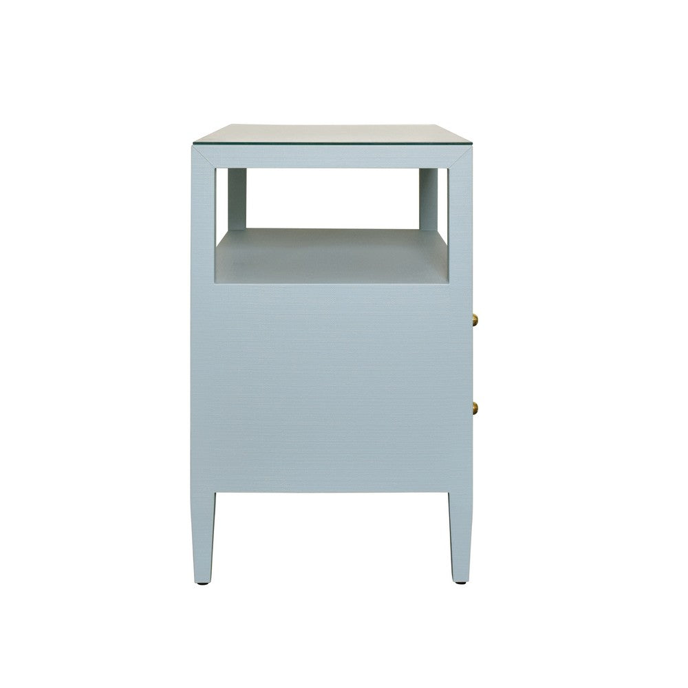 Worlds Away - Two Drawer Side Table With Open Top Shelf In Textured Light Blue Linen With Polished Brass Knobs - DOUGLAS LB view 4