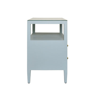 Worlds Away - Two Drawer Side Table With Open Top Shelf In Textured Light Blue Linen With Polished Brass Knobs - DOUGLAS LB view 4