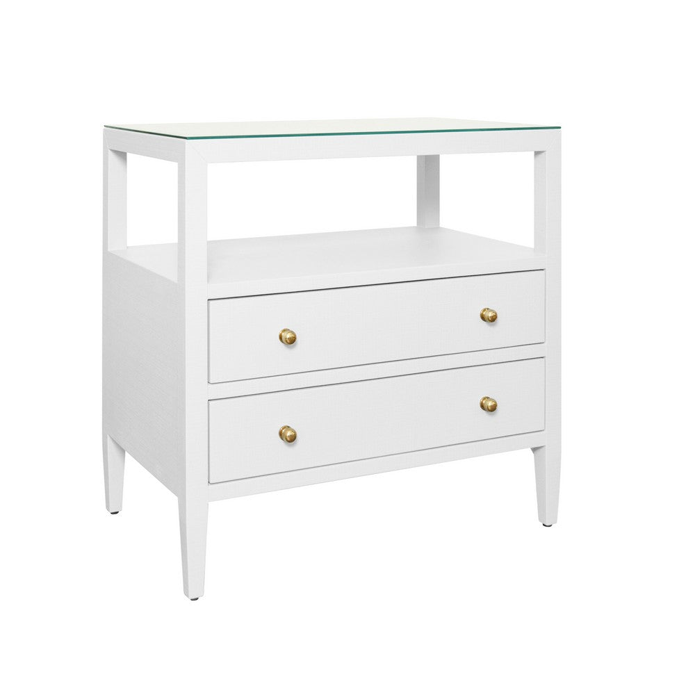 Worlds Away - Two Drawer Side Table With Open Top Shelf In Textured White Linen With Polished Brass Knobs - DOUGLAS WH view 1