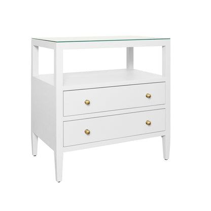 Worlds Away - Two Drawer Side Table With Open Top Shelf In Textured White Linen With Polished Brass Knobs - DOUGLAS WH view 1