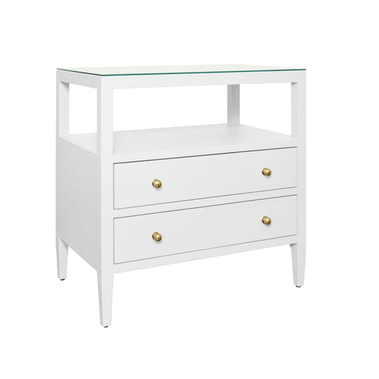 Worlds Away - Two Drawer Side Table With Open Top Shelf In Textured White Linen With Polished Brass Knobs - DOUGLAS WH view 1