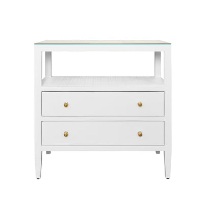 Worlds Away - Two Drawer Side Table With Open Top Shelf In Textured White Linen With Polished Brass Knobs - DOUGLAS WH view 2