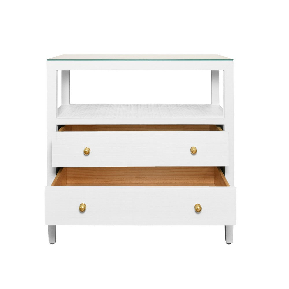 Worlds Away - Two Drawer Side Table With Open Top Shelf In Textured White Linen With Polished Brass Knobs - DOUGLAS WH view 3