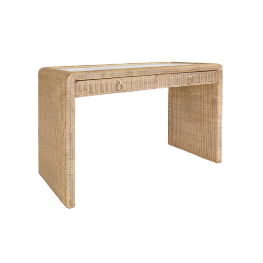 Worlds Away - Two Drawer Waterfall Edge Desk In Woven Rattan With Glass Top - ADRIEN view 1